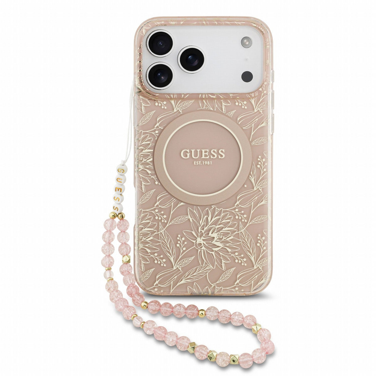 Guess iPhone 17 Pro Max / iPhone 18 Pro Max - Σκληρή Θήκη με Πλαίσιο Σιλικόνης και Λουράκι - IML Flowers Allover Strap MagSafe - Pink