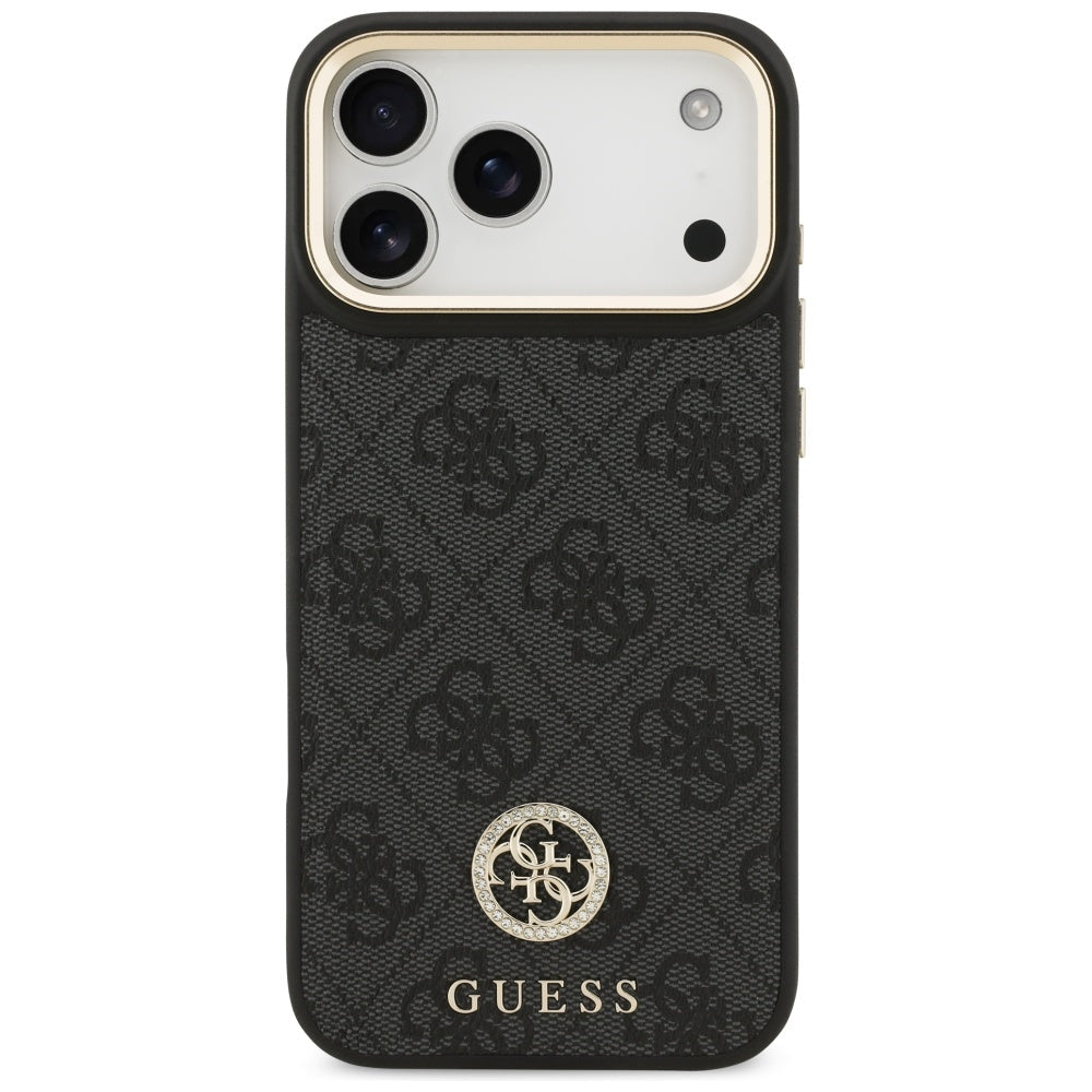 Guess iPhone 17 Pro Max - Σκληρή Θήκη με Επένδυση Συνθετικού Δέρματος - 4G Strass Logo MagSafe - Black
