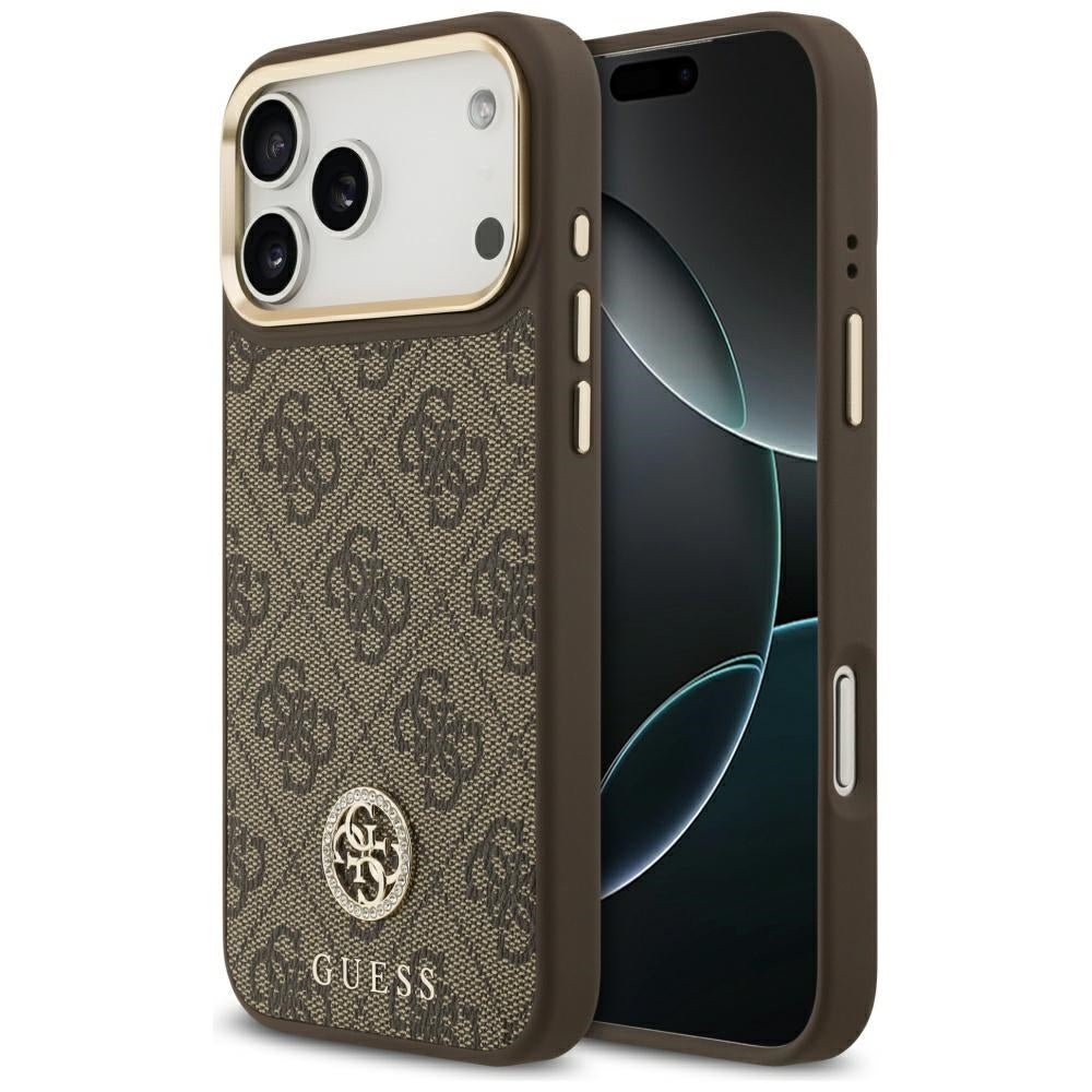 Guess iPhone 17 Pro Max - Σκληρή Θήκη με Επένδυση Συνθετικού Δέρματος - 4G Strass Logo MagSafe - Brown