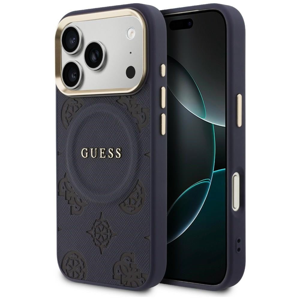 Guess iPhone 17 Pro Max - Σκληρή Θήκη με Επένδυση Συνθετικού Δέρματος - Peony Hot Stamp MagSafe - Blue