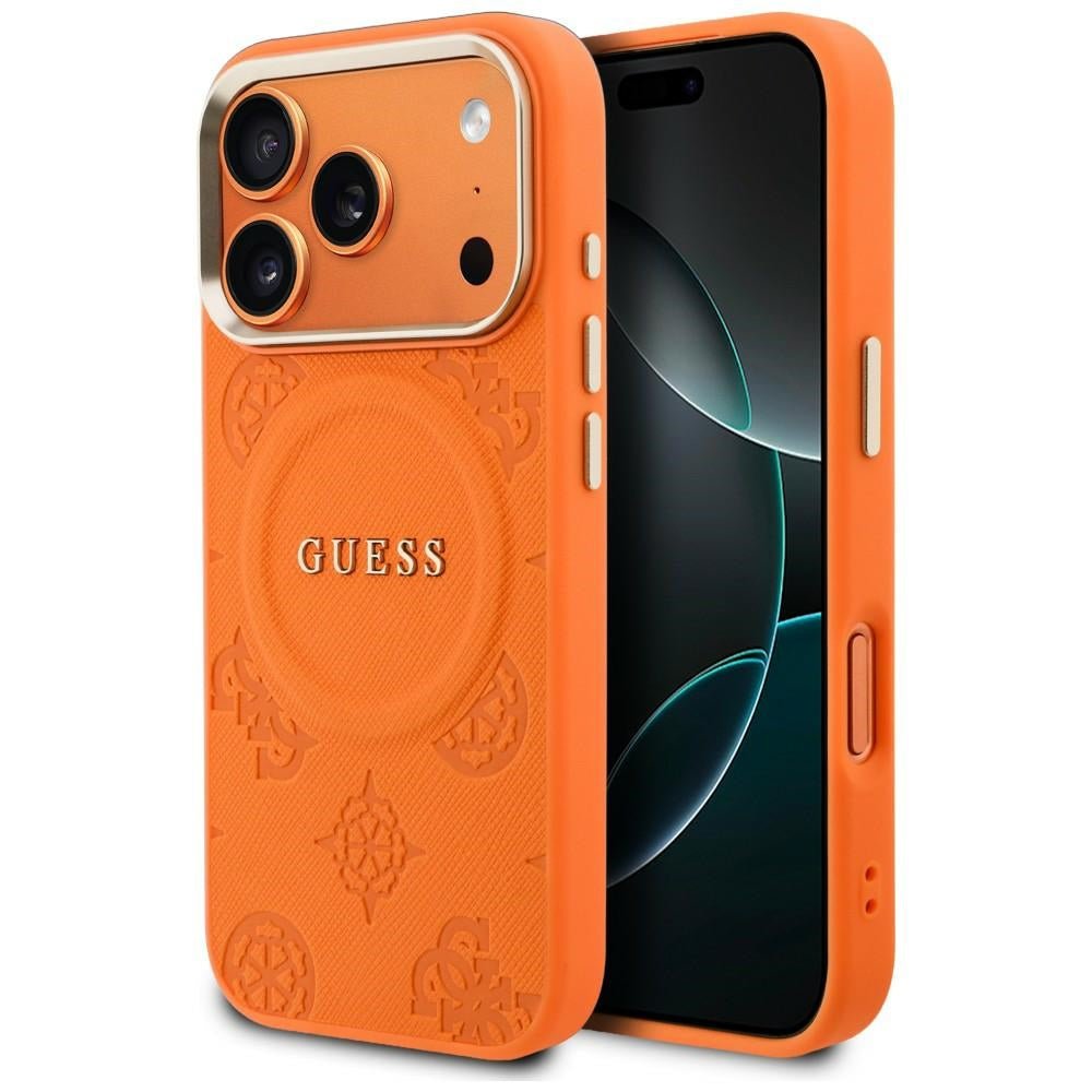 Guess iPhone 17 Pro Max - Σκληρή Θήκη με Επένδυση Συνθετικού Δέρματος - Peony Hot Stamp MagSafe - Orange