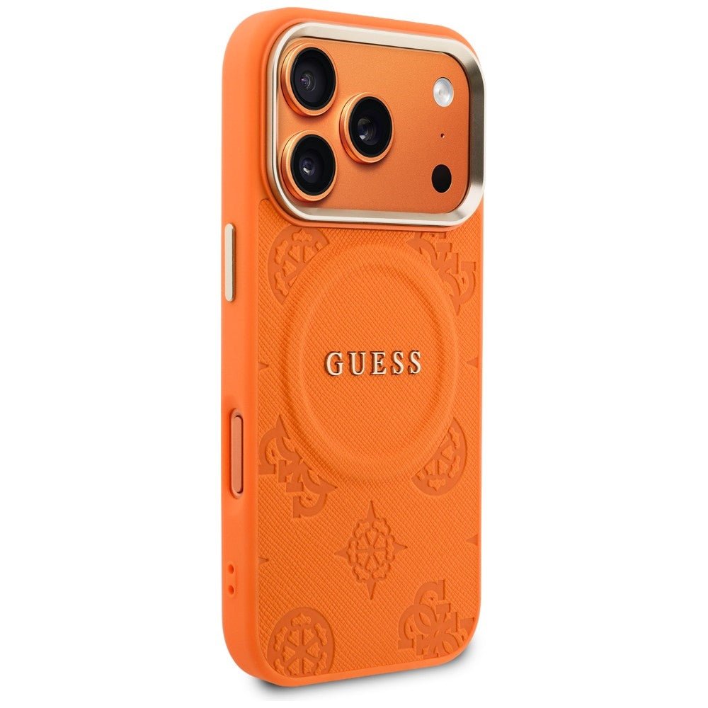 Guess iPhone 17 Pro Max - Σκληρή Θήκη με Επένδυση Συνθετικού Δέρματος - Peony Hot Stamp MagSafe - Orange
