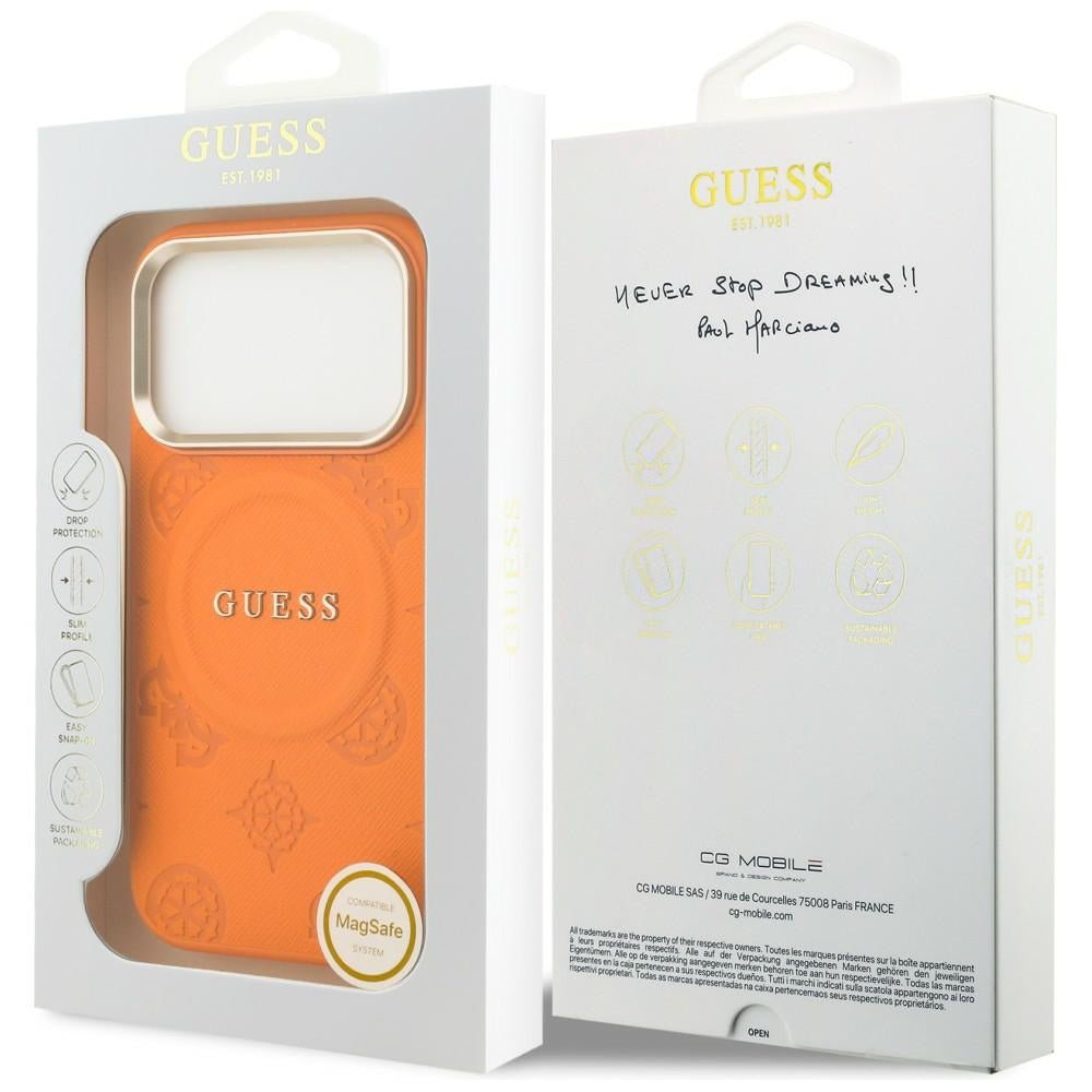 Guess iPhone 17 Pro Max - Σκληρή Θήκη με Επένδυση Συνθετικού Δέρματος - Peony Hot Stamp MagSafe - Orange