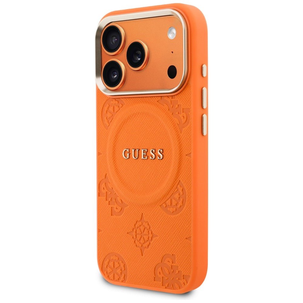 Guess iPhone 17 Pro Max - Σκληρή Θήκη με Επένδυση Συνθετικού Δέρματος - Peony Hot Stamp MagSafe - Orange