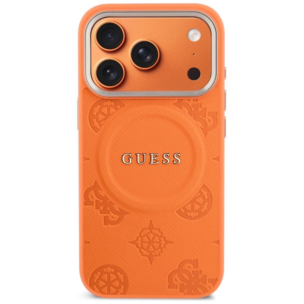 Guess iPhone 17 Pro Max - Σκληρή Θήκη με Επένδυση Συνθετικού Δέρματος - Peony Hot Stamp MagSafe - Orange
