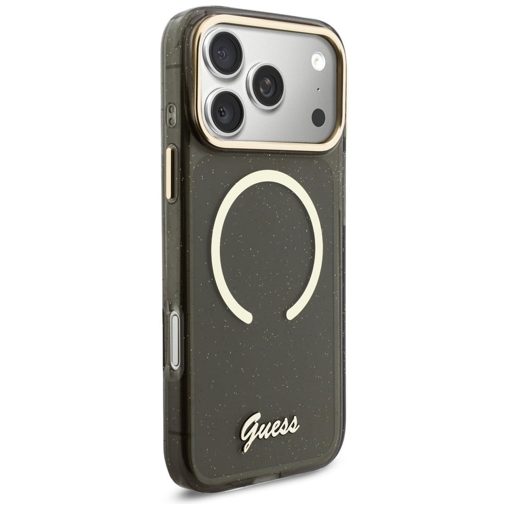 Guess iPhone 17 Pro Max - Σκληρή Θήκη με Πλαίσιο Σιλικόνης και Λουράκι - IML Glitters Script Strap MagSafe - Black
