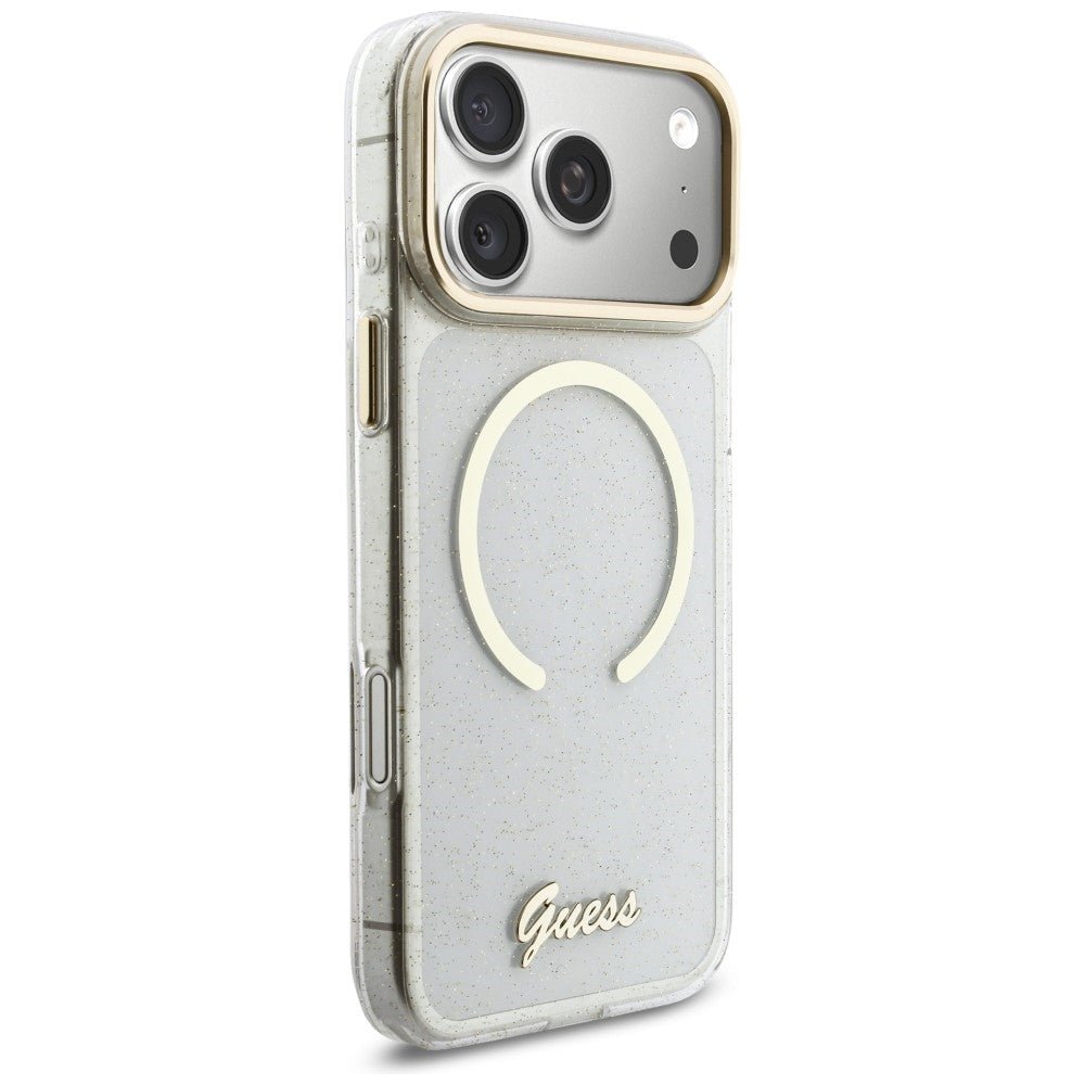Guess iPhone 17 Pro Max - Σκληρή Θήκη με Πλαίσιο Σιλικόνης και Λουράκι - IML Glitters Script Strap MagSafe - Διάφανη