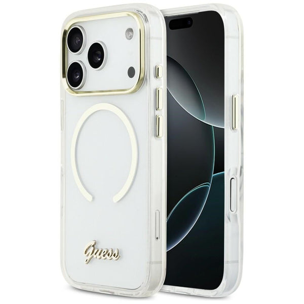 Guess iPhone 17 Pro Max - Σκληρή Θήκη με Πλαίσιο Σιλικόνης και MagSafe - IML Script Metal MagSafe - Clear