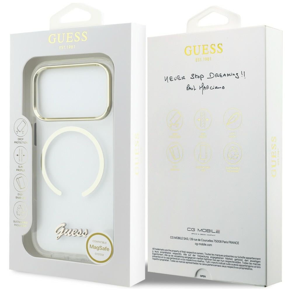 Guess iPhone 17 Pro Max - Σκληρή Θήκη με Πλαίσιο Σιλικόνης και MagSafe - IML Script Metal MagSafe - Clear