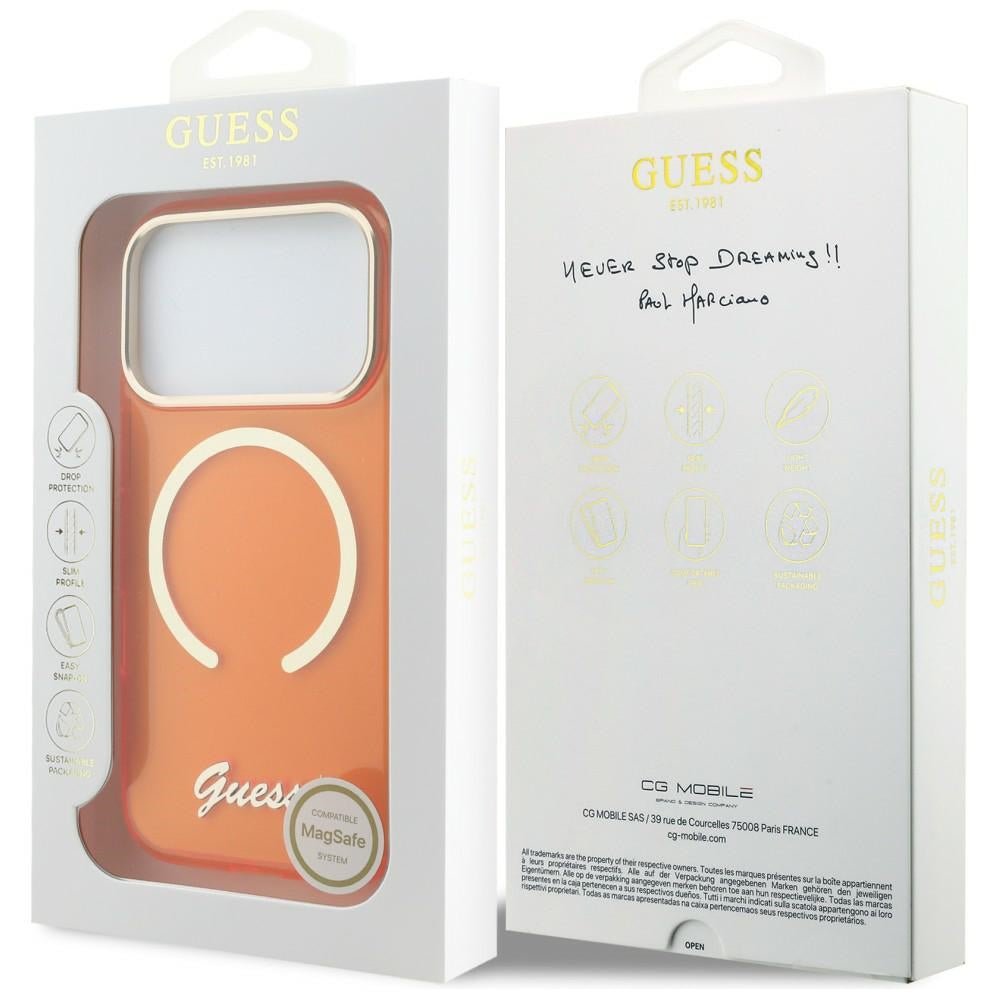 Guess iPhone 17 Pro Max - Σκληρή Θήκη με Πλαίσιο Σιλικόνης και MagSafe - IML Script Metal MagSafe - Orange