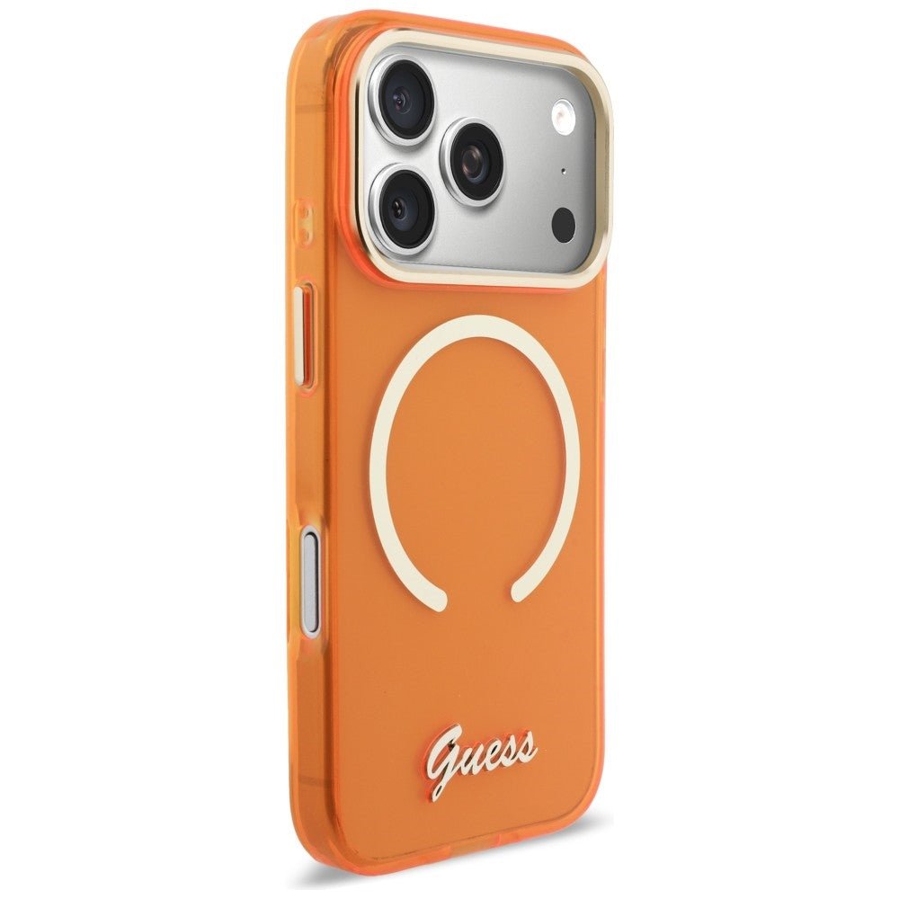 Guess iPhone 17 Pro Max - Σκληρή Θήκη με Πλαίσιο Σιλικόνης και MagSafe - IML Script Metal MagSafe - Orange