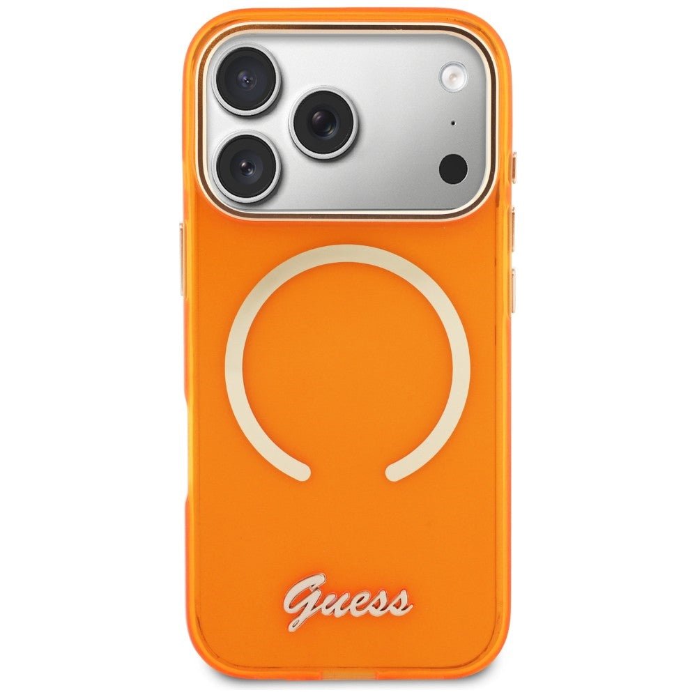 Guess iPhone 17 Pro Max - Σκληρή Θήκη με Πλαίσιο Σιλικόνης και MagSafe - IML Script Metal MagSafe - Orange