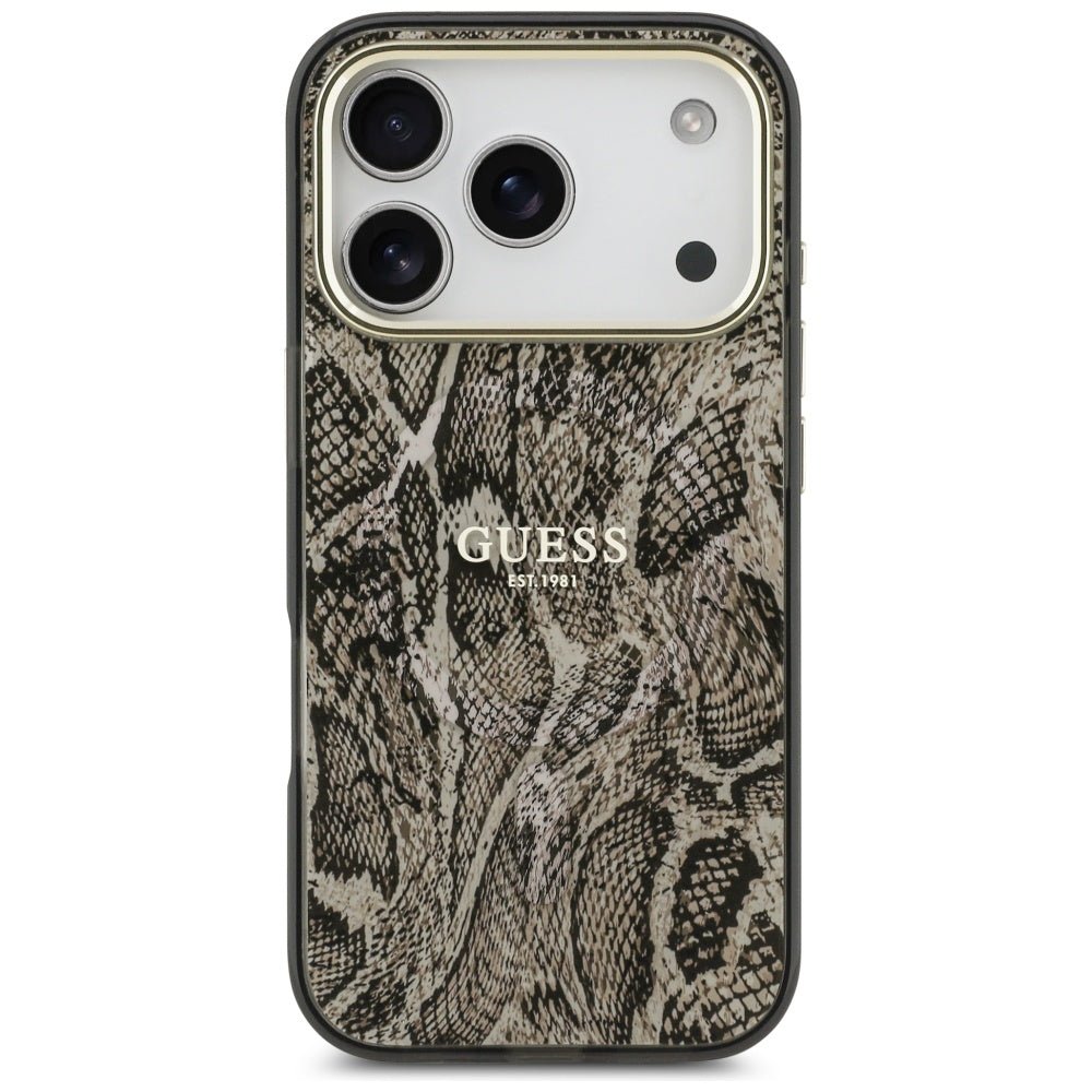 Guess iPhone 17 Pro Max - Σκληρή Θήκη με Πλαίσιο Σιλικόνης - Python Pattern MagSafe - Brown
