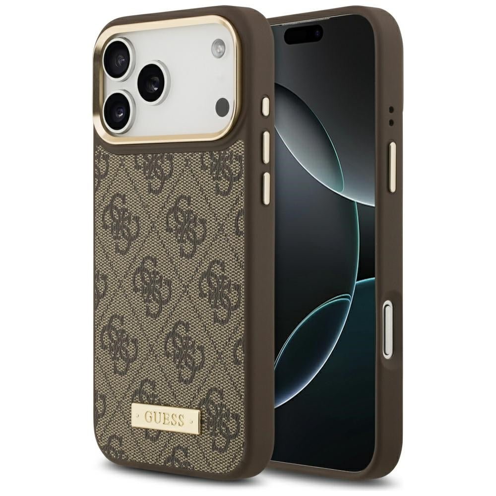 Guess iPhone 17 Pro Max - Θήκη με Επένδυση Συνθετικού Δέρματος και MagSafe - 4G Logo Plate - Brown