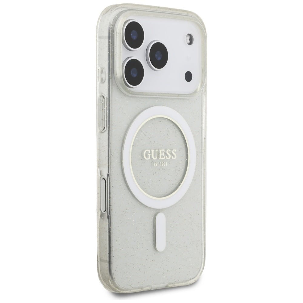 Guess iPhone 17 Pro - Σκληρή Θήκη με Πλαίσιο Σιλικόνης και Λουράκι - IML Glitter Pearl Strap - Clear