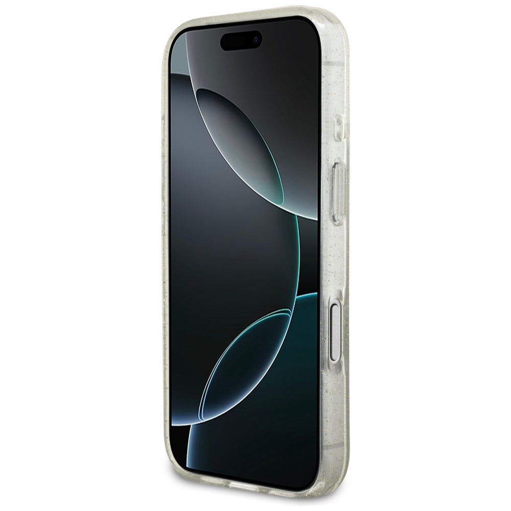 Guess iPhone 17 Pro - Σκληρή Θήκη με Πλαίσιο Σιλικόνης και Λουράκι - IML Glitter Pearl Strap - Clear