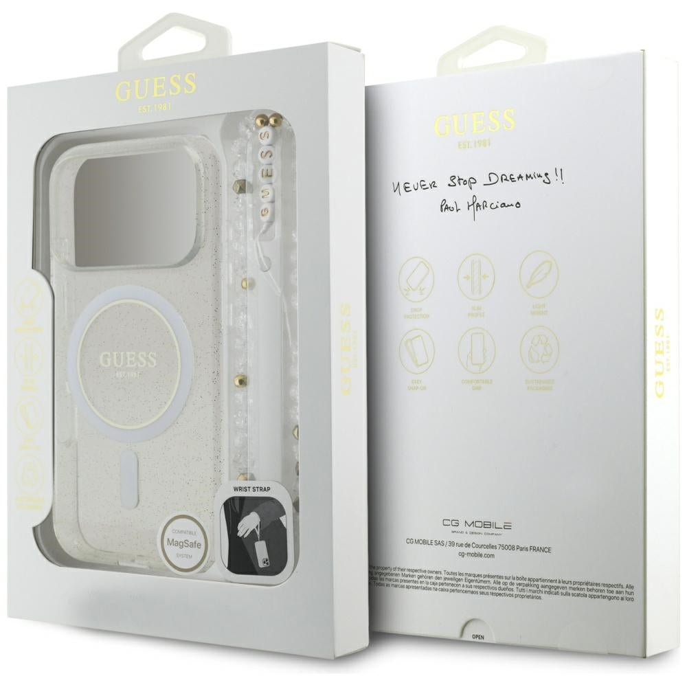Guess iPhone 17 Pro - Σκληρή Θήκη με Πλαίσιο Σιλικόνης και Λουράκι - IML Glitter Pearl Strap - Clear