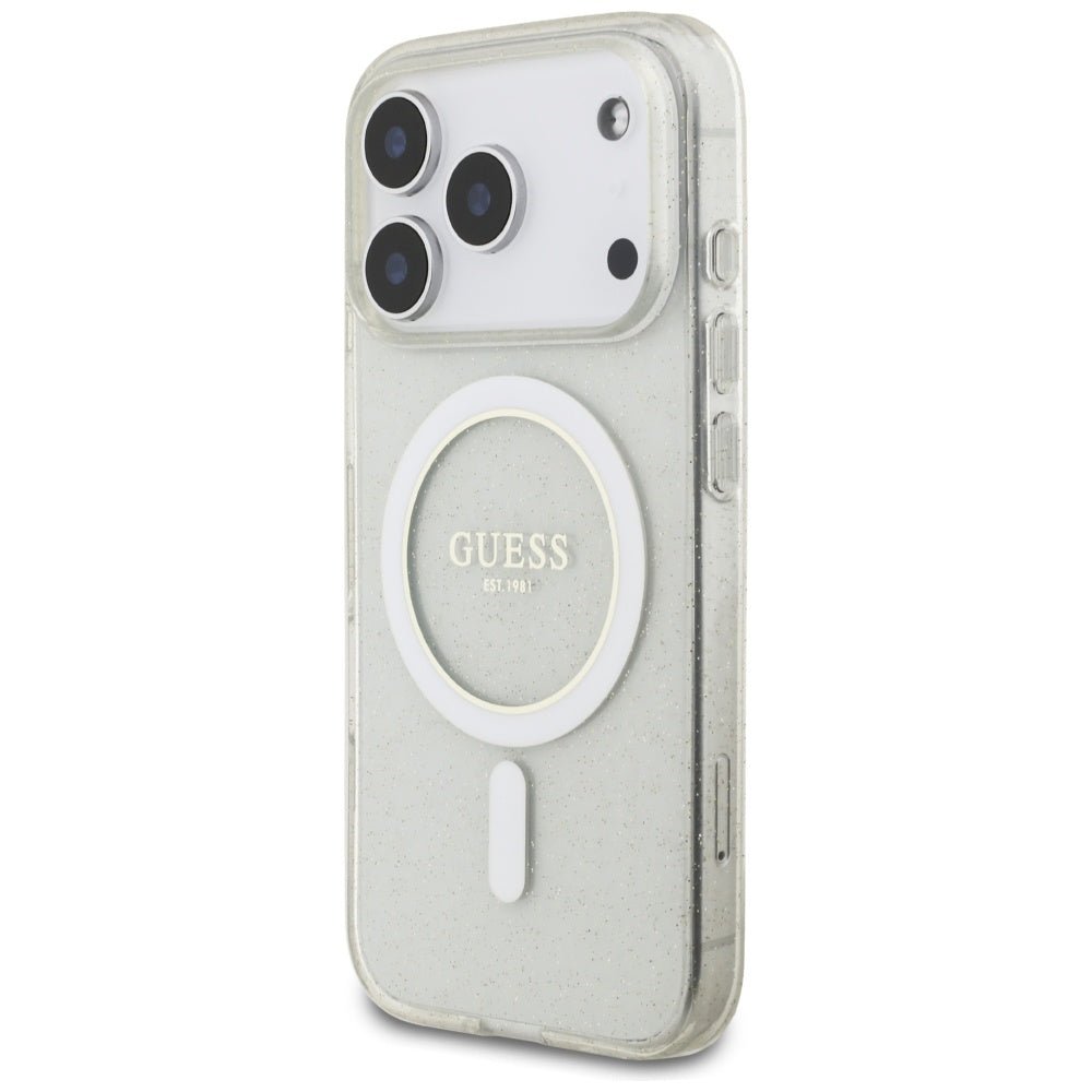 Guess iPhone 17 Pro - Σκληρή Θήκη με Πλαίσιο Σιλικόνης και Λουράκι - IML Glitter Pearl Strap - Clear
