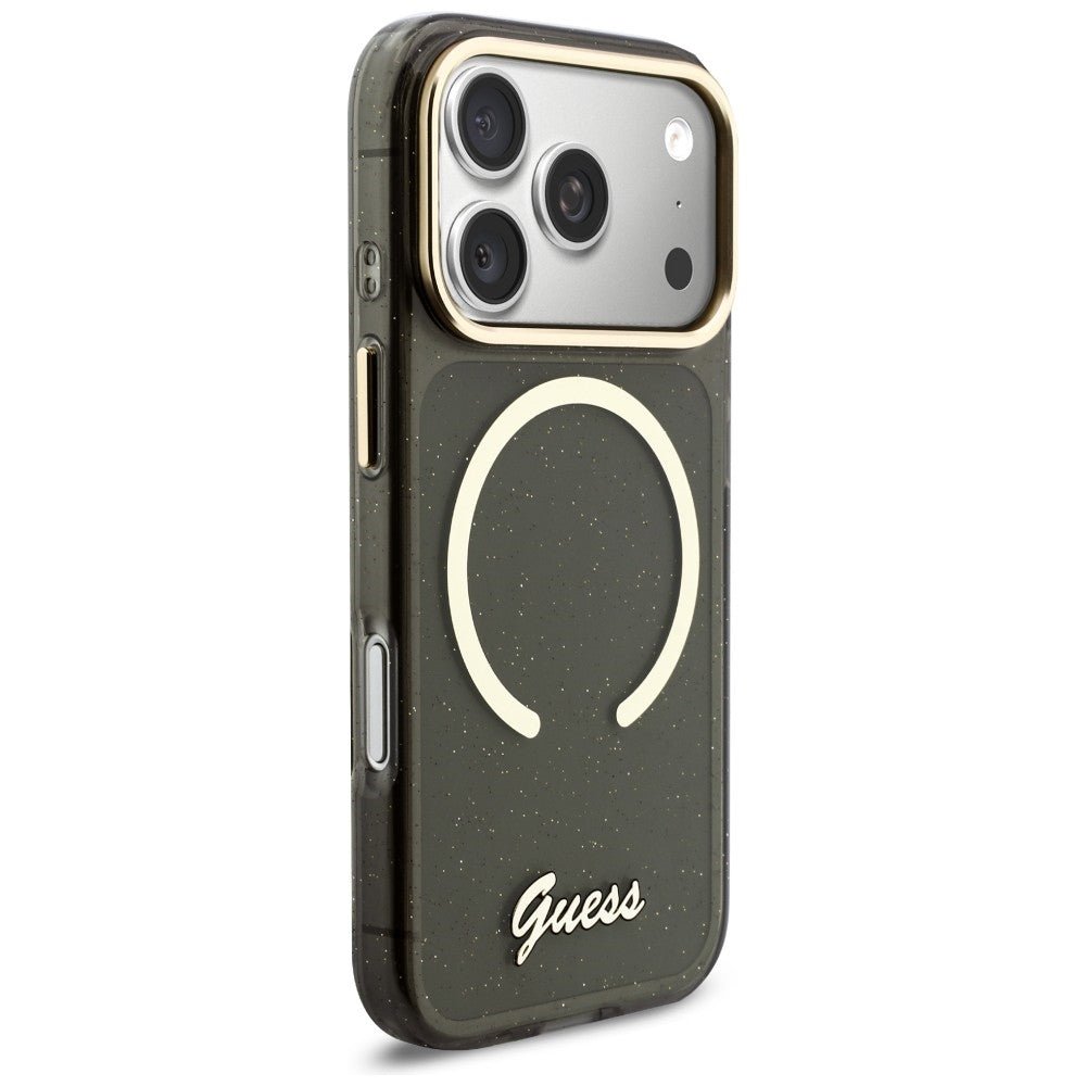 Guess iPhone 17 Pro - Σκληρή Θήκη με Πλαίσιο Σιλικόνης και Λουράκι - IML Glitters Script Strap MagSafe - Black