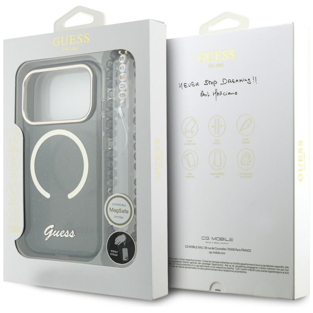 Guess iPhone 17 Pro - Σκληρή Θήκη με Πλαίσιο Σιλικόνης και Λουράκι - IML Glitters Script Strap MagSafe - Black