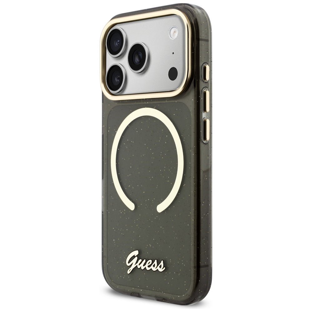 Guess iPhone 17 Pro - Σκληρή Θήκη με Πλαίσιο Σιλικόνης και Λουράκι - IML Glitters Script Strap MagSafe - Black