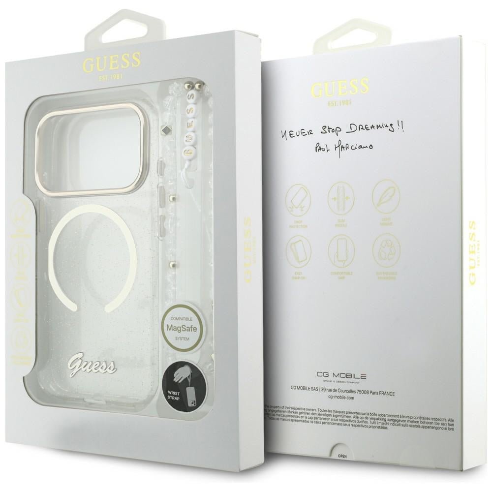 Guess iPhone 17 Pro - Σκληρή Θήκη με Πλαίσιο Σιλικόνης και Λουράκι - IML Glitters Script Strap MagSafe - Διάφανη