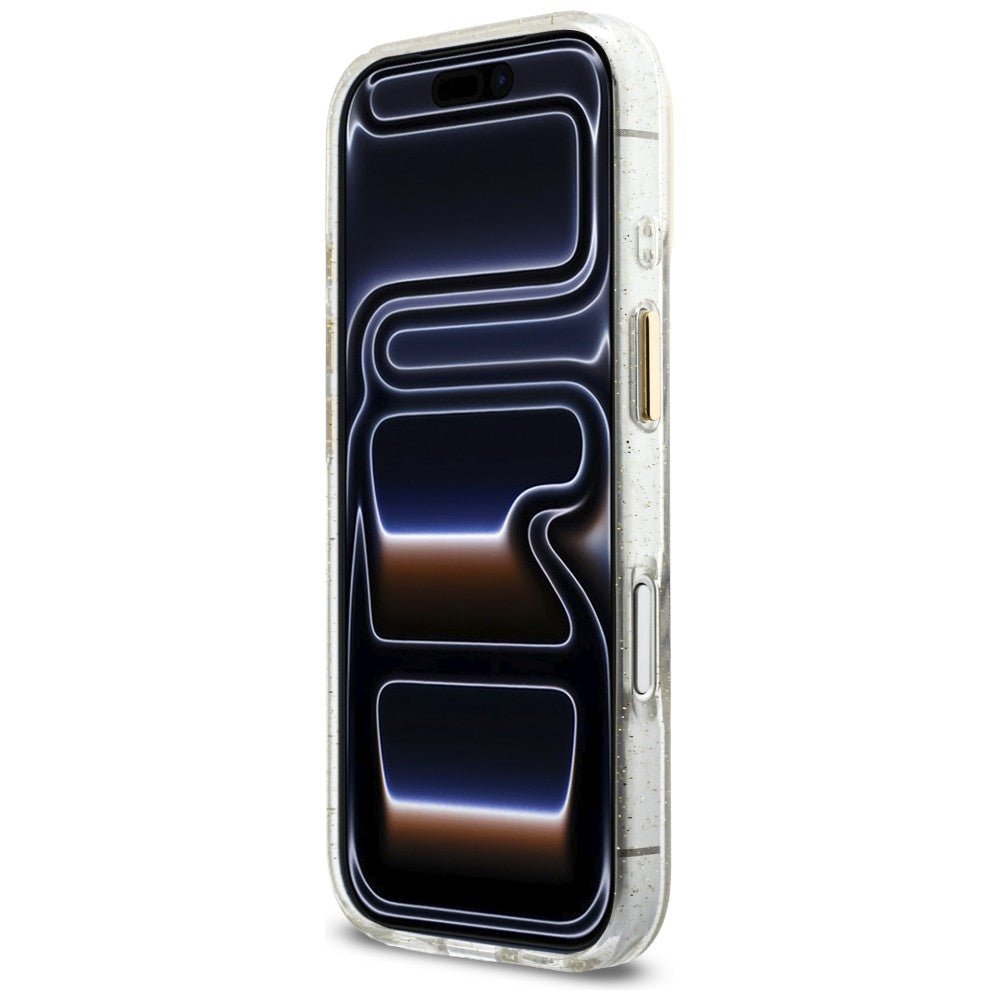 Guess iPhone 17 Pro - Σκληρή Θήκη με Πλαίσιο Σιλικόνης και Λουράκι - IML Glitters Script Strap MagSafe - Διάφανη