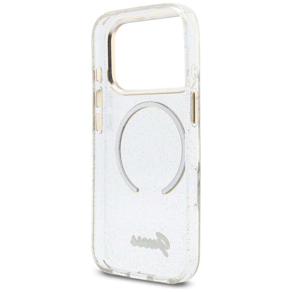 Guess iPhone 17 Pro - Σκληρή Θήκη με Πλαίσιο Σιλικόνης και Λουράκι - IML Glitters Script Strap MagSafe - Διάφανη