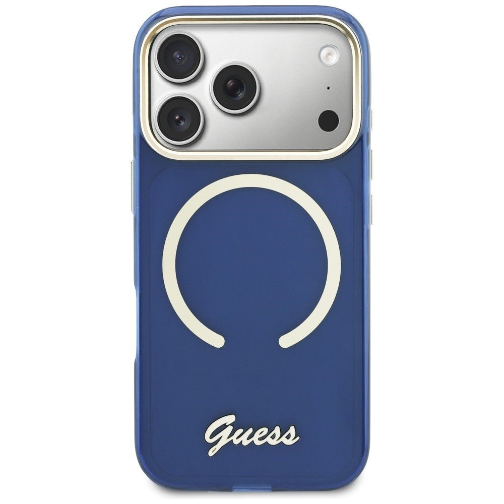 Guess iPhone 17 Pro - Σκληρή Θήκη με Πλαίσιο Σιλικόνης και MagSafe - IML Script Metal MagSafe - Blue