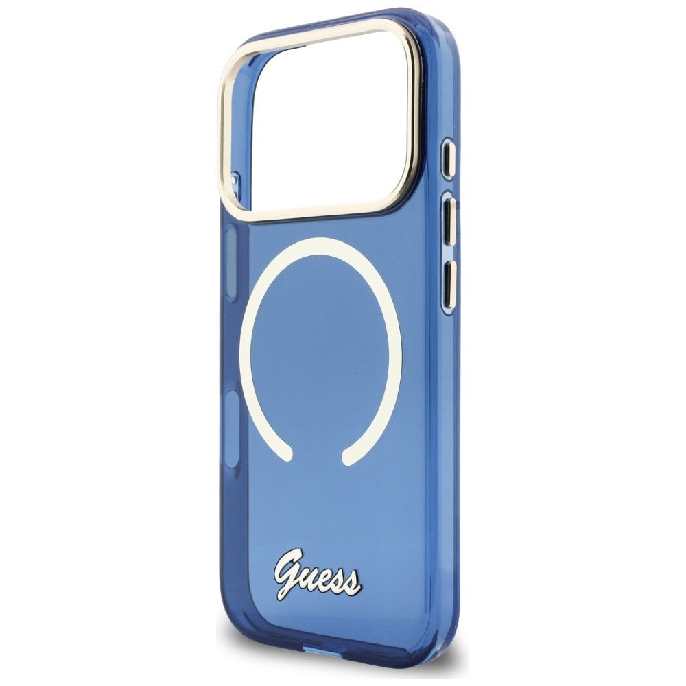 Guess iPhone 17 Pro - Σκληρή Θήκη με Πλαίσιο Σιλικόνης και MagSafe - IML Script Metal MagSafe - Blue