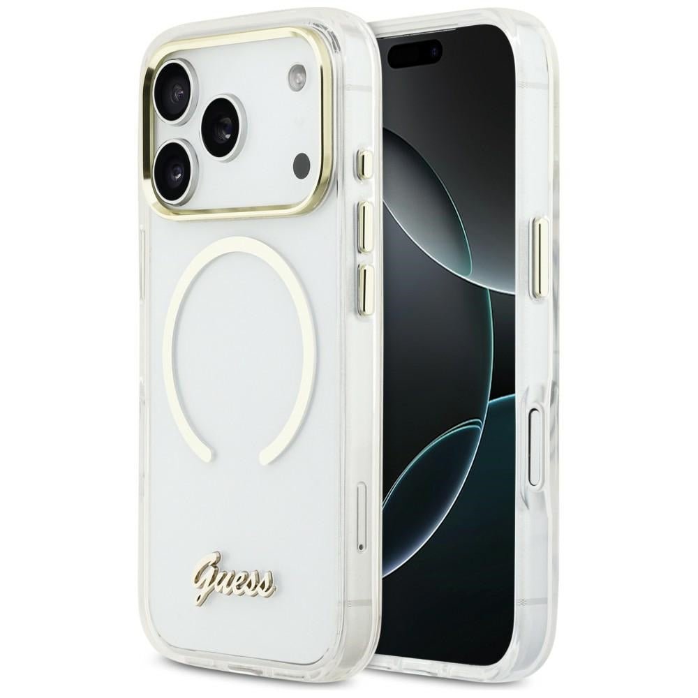 Guess iPhone 17 Pro - Σκληρή Θήκη με Πλαίσιο Σιλικόνης και MagSafe - IML Script Metal MagSafe - Clear