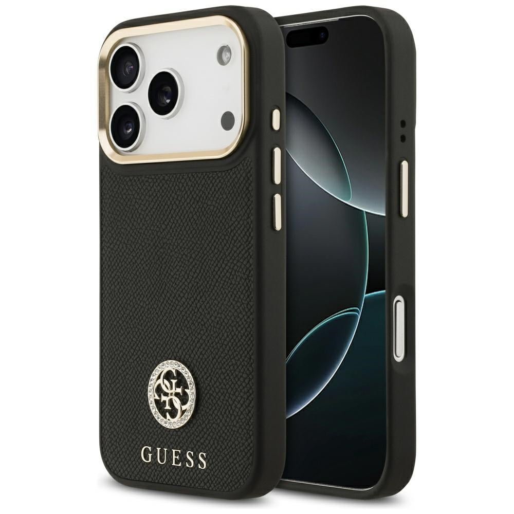 Guess iPhone 17 Pro - Σκληρή Θήκη με Πλαίσιο Σιλικόνης και Συνθετικό Δέρμα - Grained Strass Logo MagSafe - Black