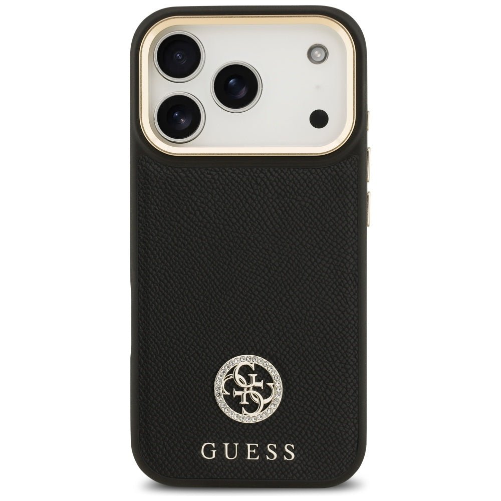 Guess iPhone 17 Pro - Σκληρή Θήκη με Πλαίσιο Σιλικόνης και Συνθετικό Δέρμα - Grained Strass Logo MagSafe - Black