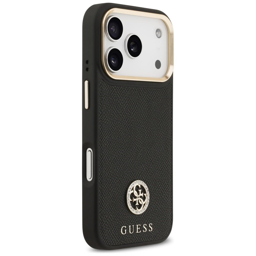 Guess iPhone 17 Pro - Σκληρή Θήκη με Πλαίσιο Σιλικόνης και Συνθετικό Δέρμα - Grained Strass Logo MagSafe - Black