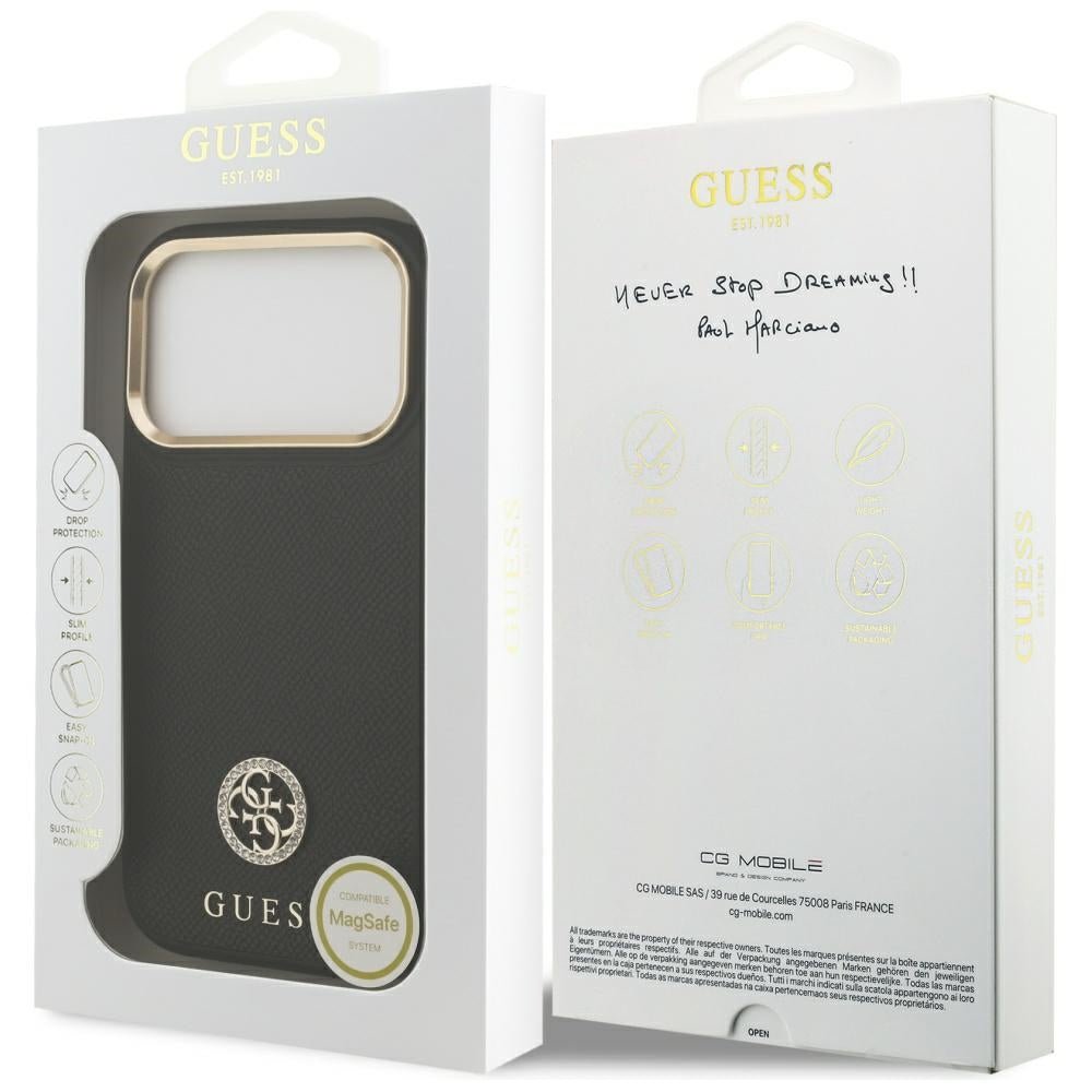 Guess iPhone 17 Pro - Σκληρή Θήκη με Πλαίσιο Σιλικόνης και Συνθετικό Δέρμα - Grained Strass Logo MagSafe - Black
