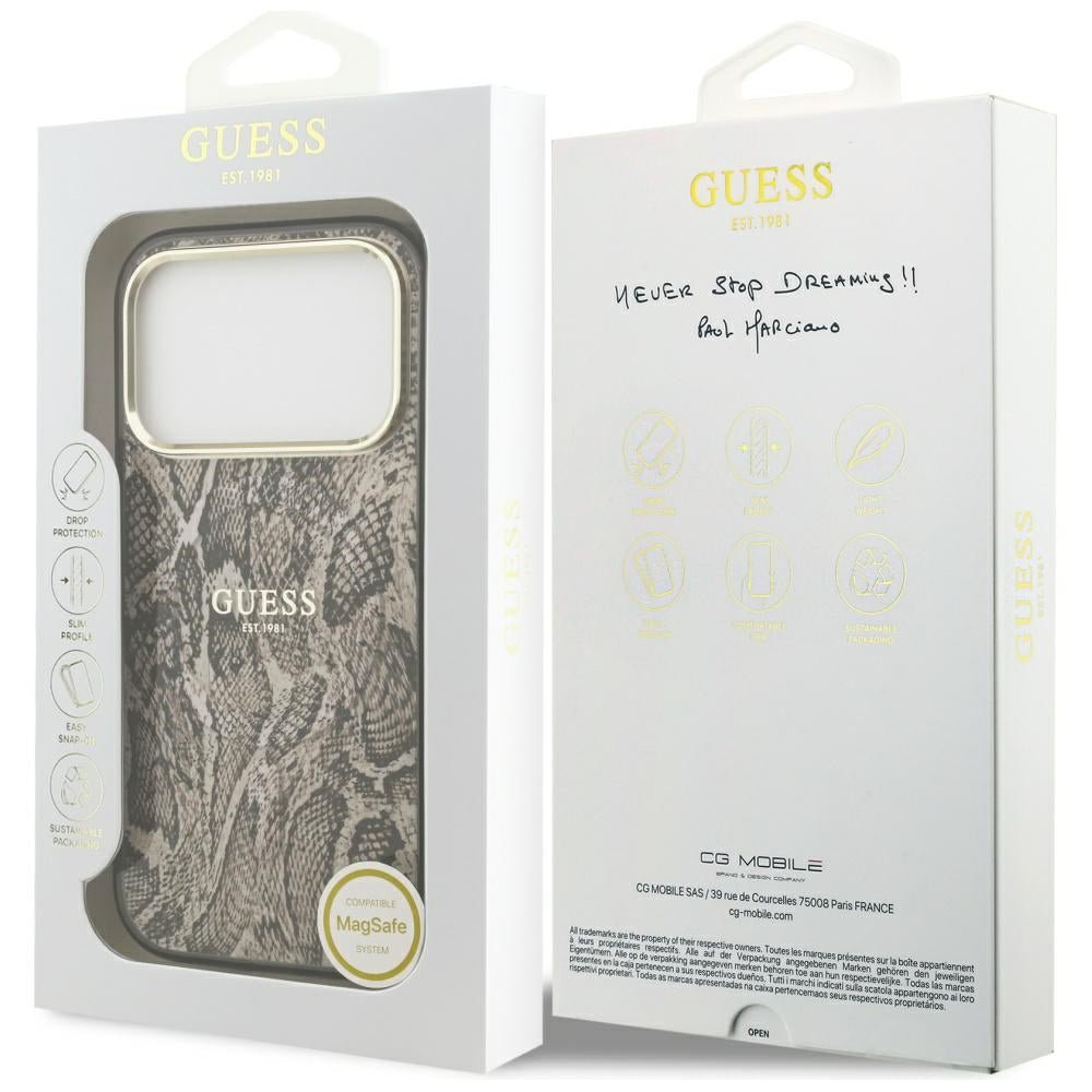 Guess iPhone 17 Pro - Σκληρή Θήκη με Πλαίσιο Σιλικόνης - Python Pattern MagSafe - Brown