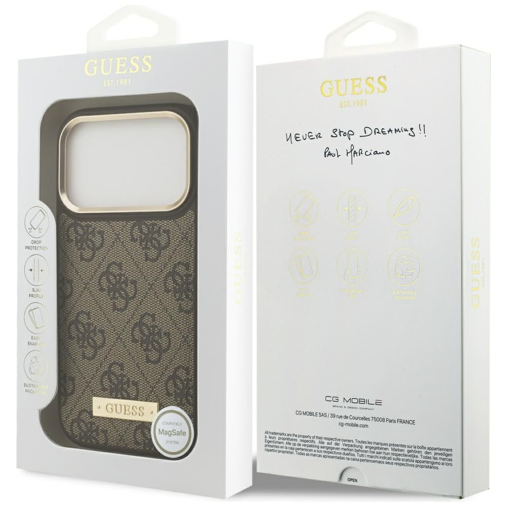 Guess iPhone 17 Pro - Θήκη με Επένδυση Συνθετικού Δέρματος και MagSafe - 4G Logo Plate - Brown