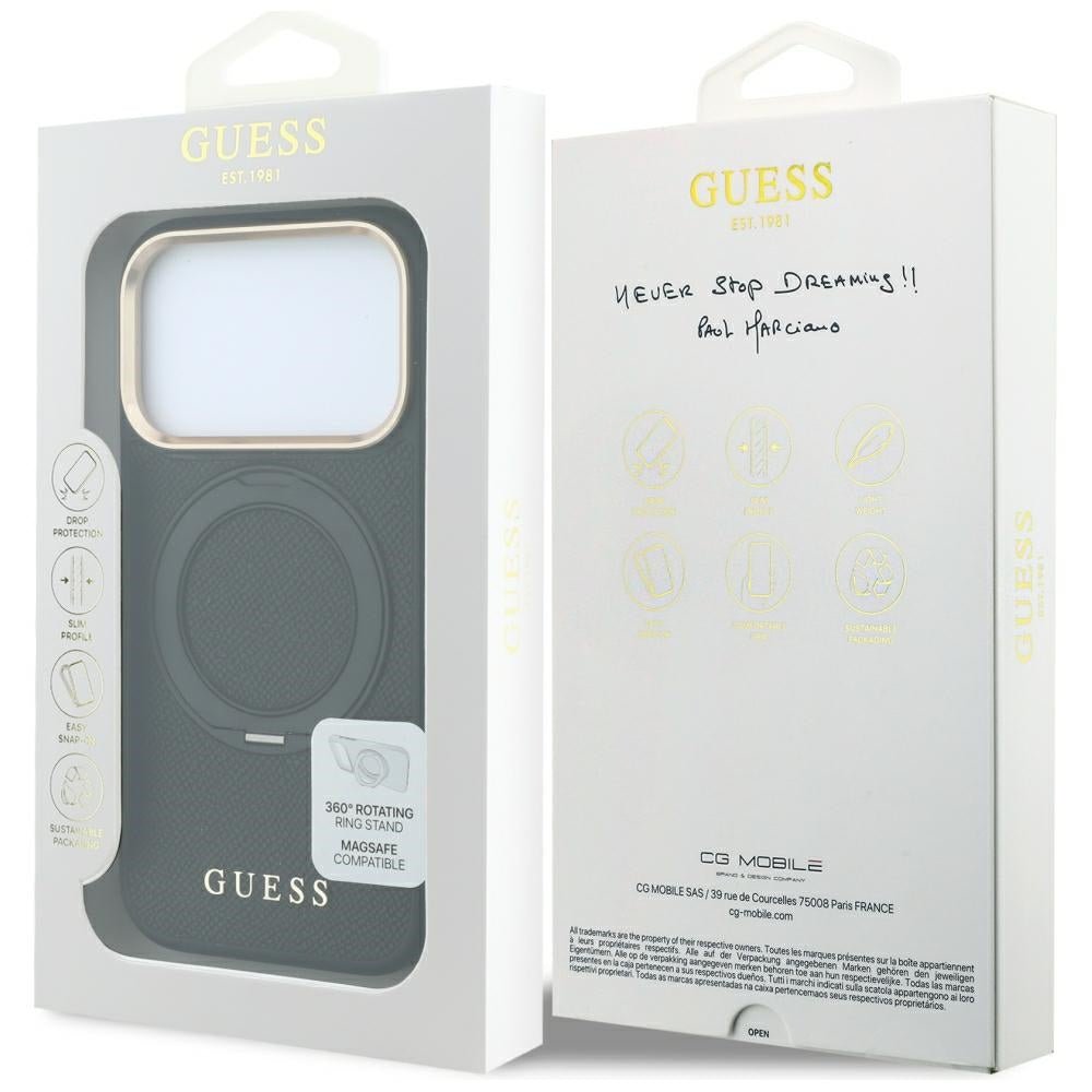 Guess iPhone 18 Pro / iPhone 17 Pro - Σκληρή Θήκη MagSafe με Επένδυση Συνθετικού Δέρματος - Ring Stand 360 Grained Classic Logo - Black