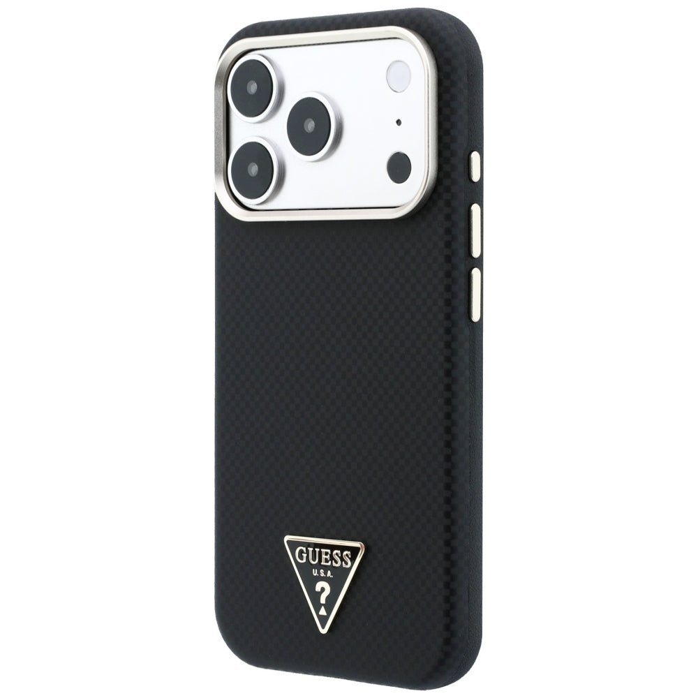Guess iPhone 18 Pro / iPhone 17 Pro - Σκληρή Θήκη με Πλαίσιο Σιλικόνης και Επένδυση Συνθετικού Δέρματος MagSafe - Kevlar Triangle Logo - Black
