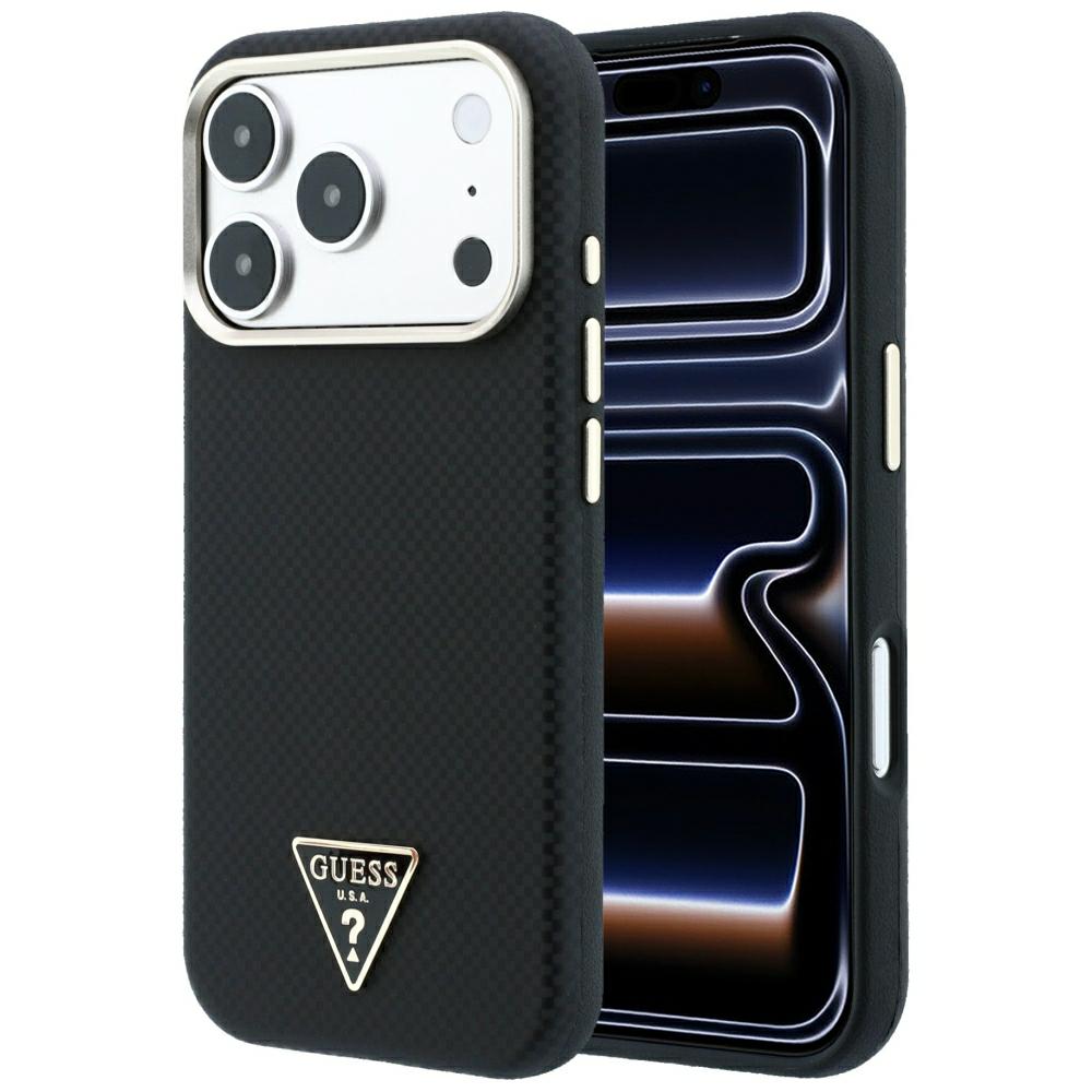 Guess iPhone 18 Pro / iPhone 17 Pro - Σκληρή Θήκη με Πλαίσιο Σιλικόνης και Επένδυση Συνθετικού Δέρματος MagSafe - Kevlar Triangle Logo - Black