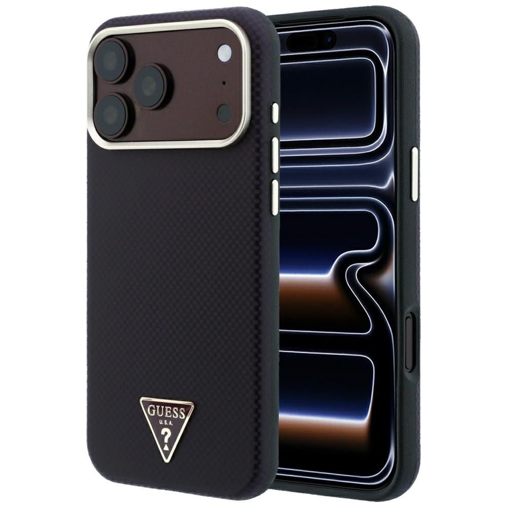 Guess iPhone 18 Pro / iPhone 17 Pro - Σκληρή Θήκη με Πλαίσιο Σιλικόνης και Επένδυση Συνθετικού Δέρματος MagSafe - Kevlar Triangle Logo - Burgundy