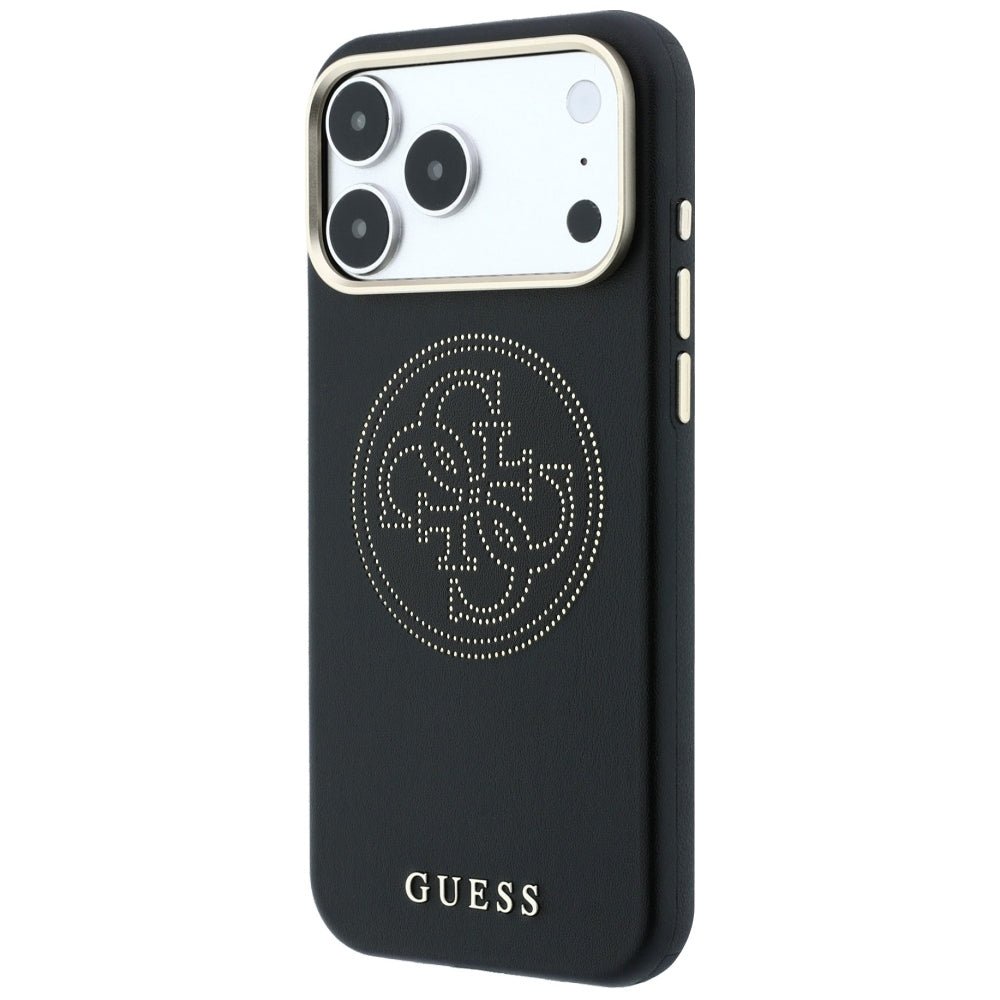 Guess iPhone 18 Pro / iPhone 17 Pro - Θήκη με Επένδυση Συνθετικού Δέρματος MagSafe - Perforated 4G Gold Logo - Black