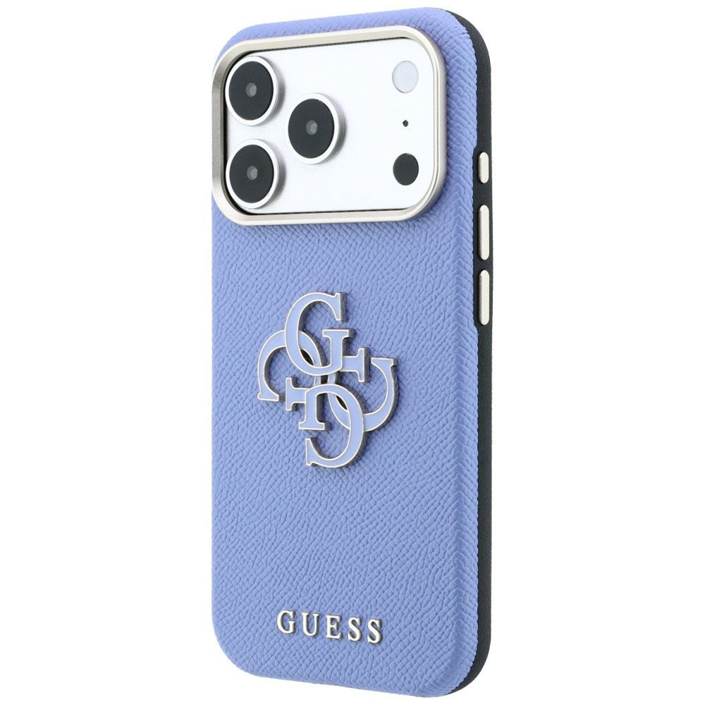Guess iPhone 18 Pro Max / iPhone 17 Pro Max - Σκληρή Θήκη με Επένδυση από Οικολογικό Δέρμα - Grained and Big Resin Logo - Blue