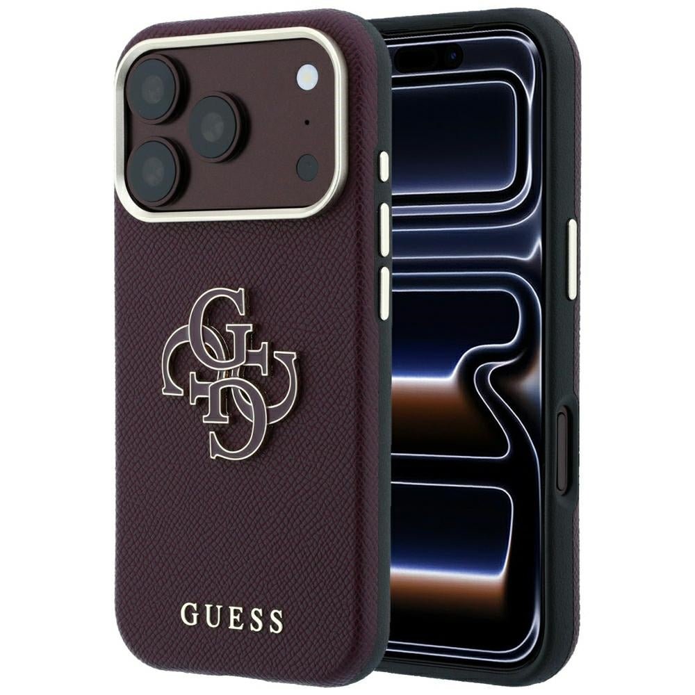 Guess iPhone 18 Pro Max / iPhone 17 Pro Max - Σκληρή Θήκη με Επένδυση από Οικολογικό Δέρμα - Grained and Big Resin Logo - Burgundy