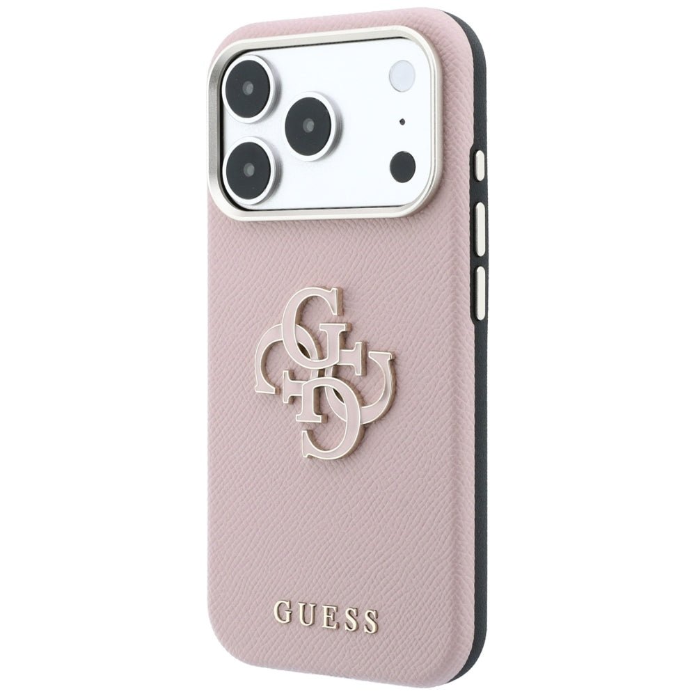Guess iPhone 18 Pro Max / iPhone 17 Pro Max - Σκληρή Θήκη με Επένδυση από Οικολογικό Δέρμα - Grained and Big Resin Logo - Pink