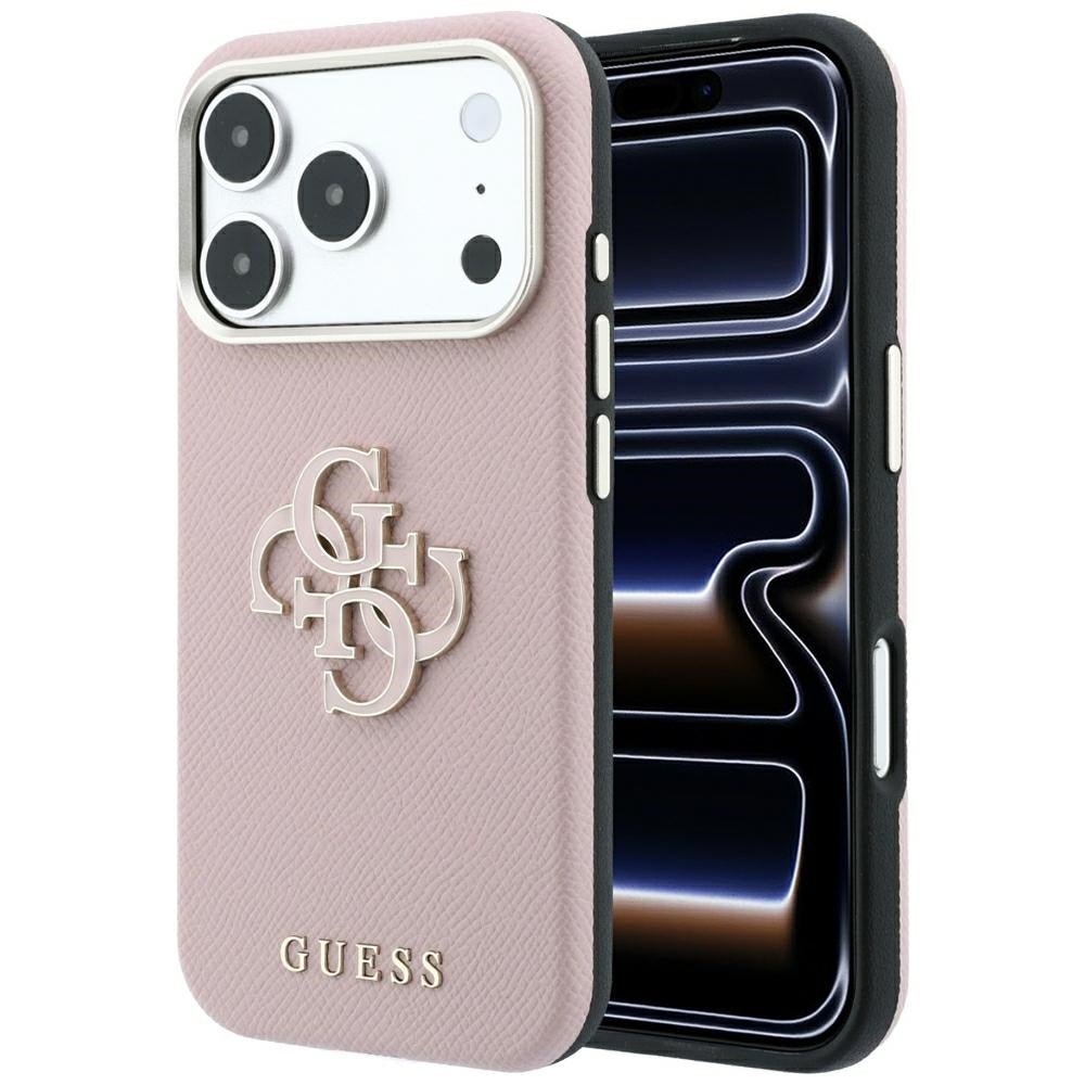 Guess iPhone 18 Pro Max / iPhone 17 Pro Max - Σκληρή Θήκη με Επένδυση από Οικολογικό Δέρμα - Grained and Big Resin Logo - Pink