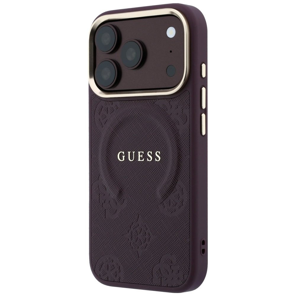 Guess iPhone 18 Pro Max / iPhone 17 Pro Max - Σκληρή Θήκη με Επένδυση Συνθετικού Δέρματος MagSafe - Saffiano Peony and Ring - Burgundy