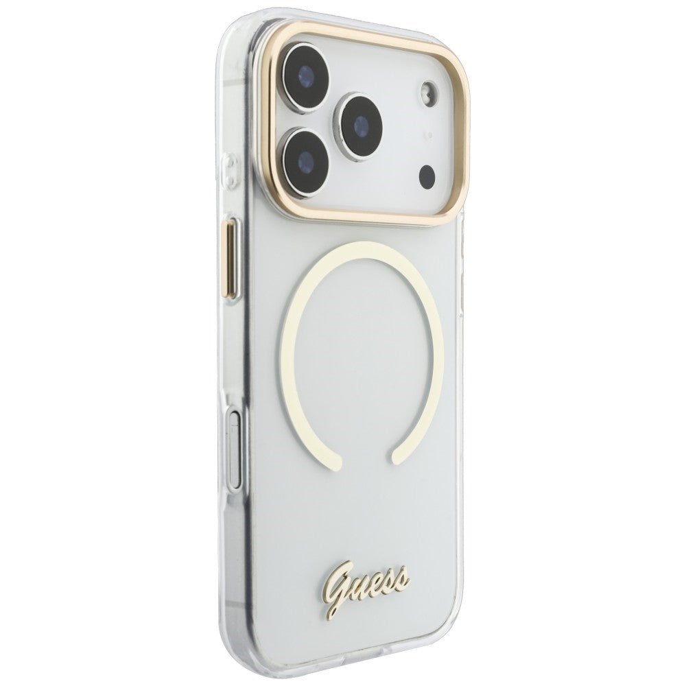 Guess iPhone 18 Pro Max / iPhone 17 Pro Max - Σκληρή Θήκη με Πλαίσιο Σιλικόνης και MagSafe - IML Script Metal - Clear