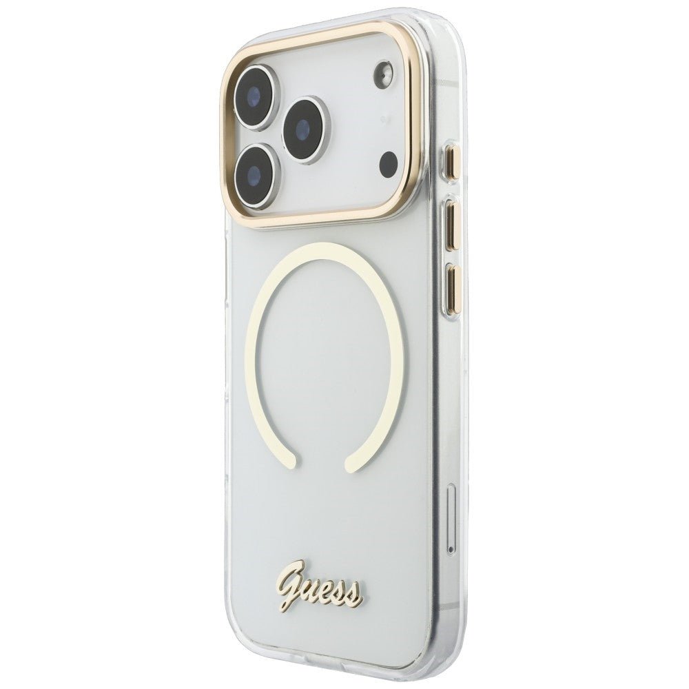 Guess iPhone 18 Pro Max / iPhone 17 Pro Max - Σκληρή Θήκη με Πλαίσιο Σιλικόνης και MagSafe - IML Script Metal - Clear