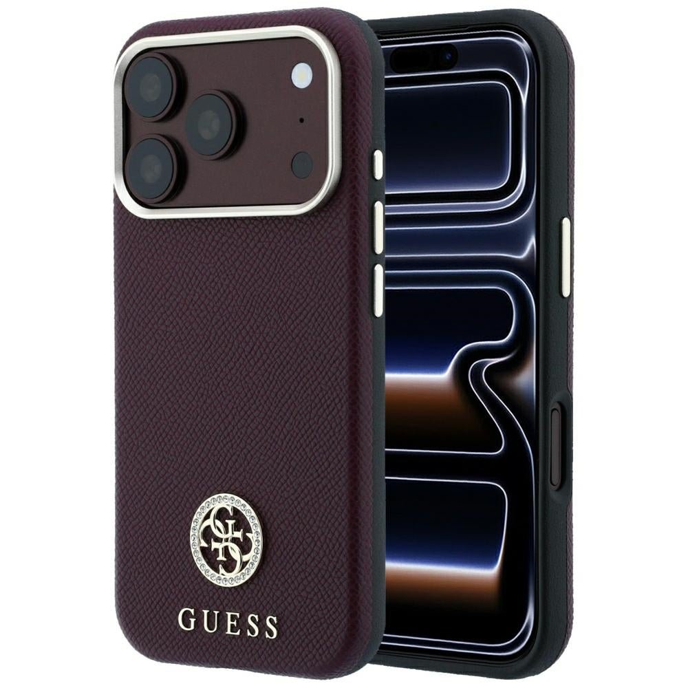 Guess iPhone 18 Pro Max / iPhone 17 Pro Max- Σκληρή Θήκη με Πλαίσιο Σιλικόνης και Συνθετικό Δέρμα MagSafe - Grained Round Strass Logo - Burgundy